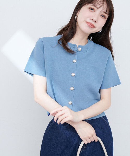 natural couture カーディガン ミラノリブデザイン釦半袖カーディガン