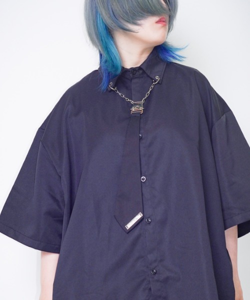 ブラウス シャツ Z)「BLINGLEADS」プレート付ネクタイ半袖シャツ/ABM21599 レディース メンズ Bling Leads ブラウス シャツ Z)「BLINGLEADS」プレート付