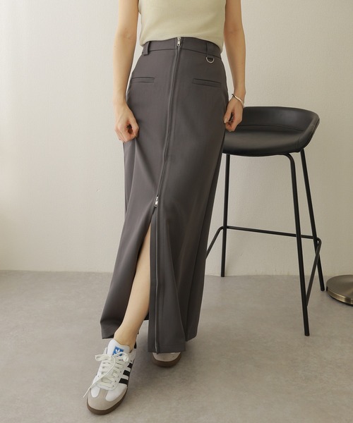 ロングスカート ジッパー スリット ハイウエスト カジュアル 2色 She's Closet スカート 前後2WAY ハイウエストニットタイト