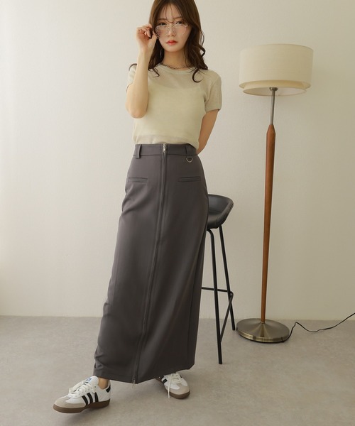 ロングスカート ジッパー スリット ハイウエスト カジュアル 2色 スカート front zip slit long skirt /フロント ジップ スリット