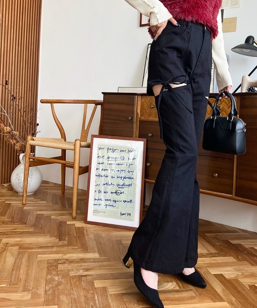 カットアウトリボンデニムパンツ　ライトブルー LAYER（PORTER） SECOND LAYER セカンドレイヤー Destroyed