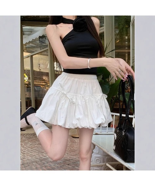 スカート シャーリング仕様 フリルデザイン リボン付きスカート
