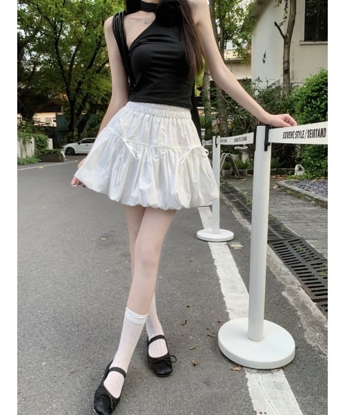 スカート シャーリング仕様 フリルデザイン リボン付きスカート