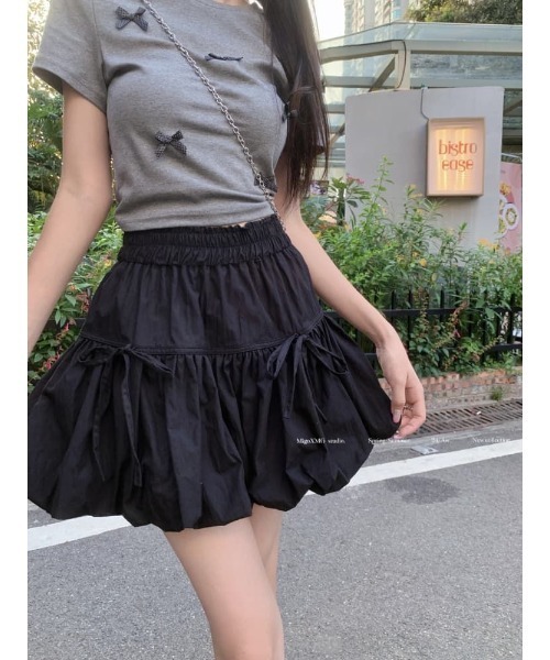 スカート シャーリング仕様 フリルデザイン リボン付きスカート