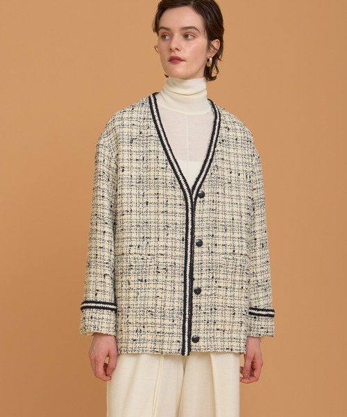 ノーカラーチェックツイードジャケット 快適