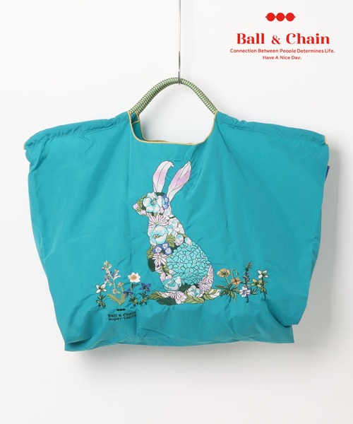 SUPER HAKKA×Ball&Chain 花うさぎ刺繍【Ｍ】ブルー SUPER HAKKA トートバッグ SUPER HAKKA×Ball＆Chain 花うさぎ