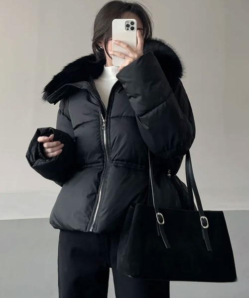 ダウンコート ダウンジャケット ファー付き ウエストシェイプ 中綿