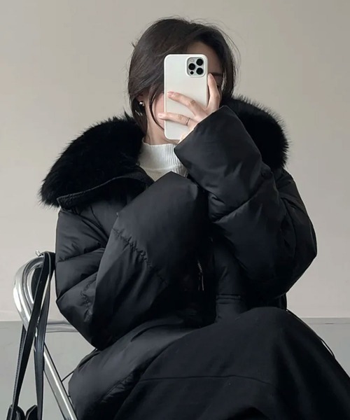 ウエストシェイプファー付きダウンジャケット ブラック ダウンコート ダウンジャケット ファー付き ウエストシェイプ 中綿