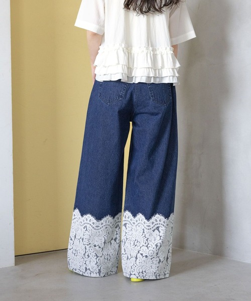 レースプリント ワイドデニムパンツ I-BLU RAGEBLUE（レイジブルー） ワイドパンツ ジーンズ デニム デニムパンツ