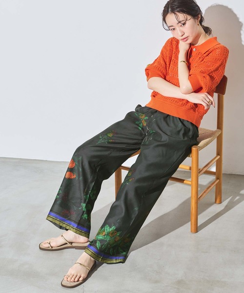 ワイドパンツ パンツ プリントローンボタニカルワイドパンツ レディースの画像