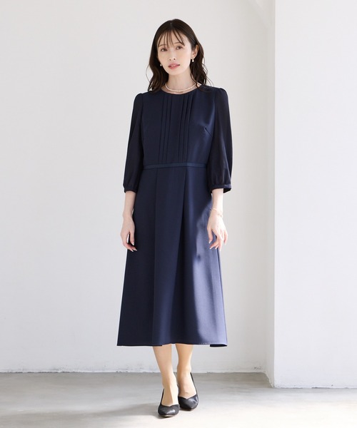 エメ　AIMER　ドレス　ワンピース　L ネイビー　授乳　結婚式　パーティー AIMER（エメ） パーティードレス ワンピース 胸元タックデザイン袖付き