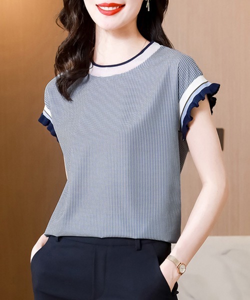 tシャツ 半袖 チェック×フリル袖配色ライントップス レディース