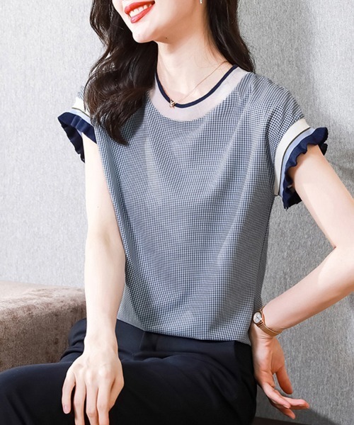 tシャツ 半袖 チェック×フリル袖配色ライントップス レディース