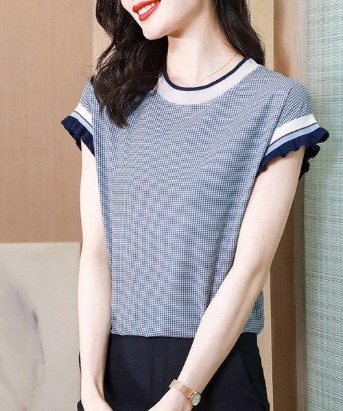 黒チェック柄フリル半袖Tシャツ M tシャツ 半袖 チェック×フリル袖配色ライントップス レディース