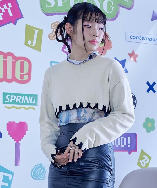 miette ニット セーター 配色ステッチクロップドニットトップス