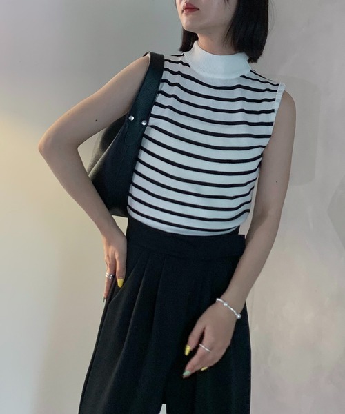 タンクトップ ノースリーブ ボーダーハイネック ノースリーブTシャツ
