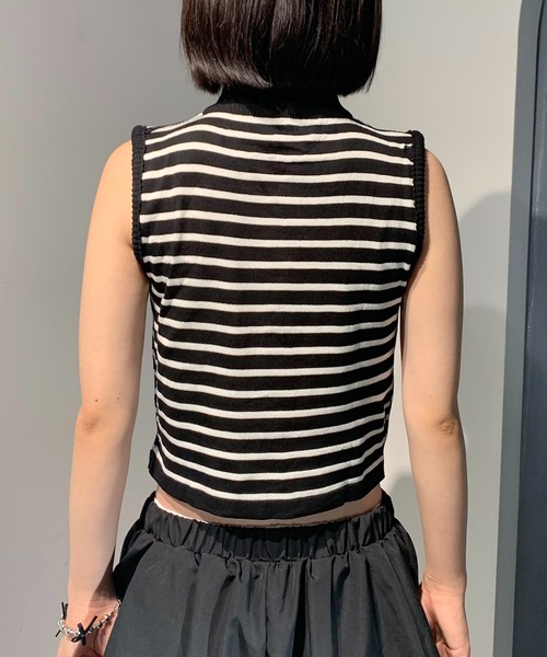 タンクトップ ノースリーブ ボーダーハイネック ノースリーブTシャツ