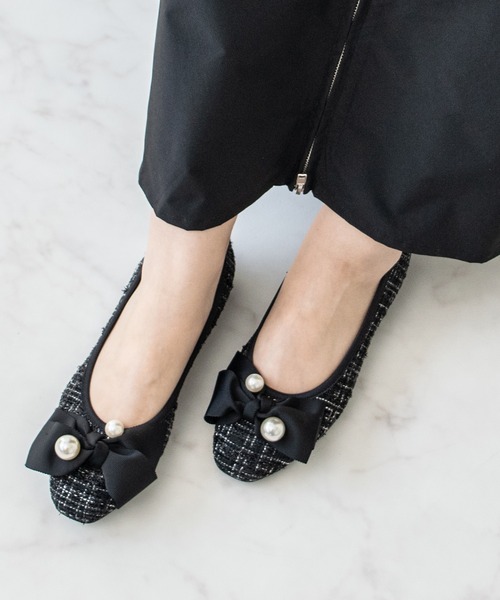 パンプス 「Bridget Birkin」ビッグパールリボンフラットシューズ(541528)