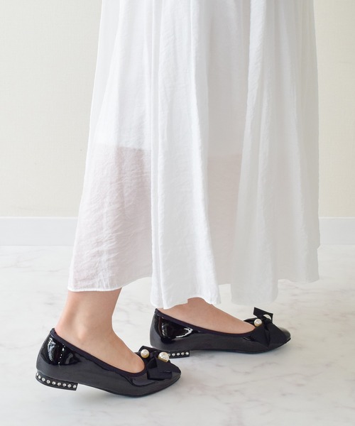 パンプス 「Bridget Birkin」ビッグパールリボンフラットシューズ(541528)