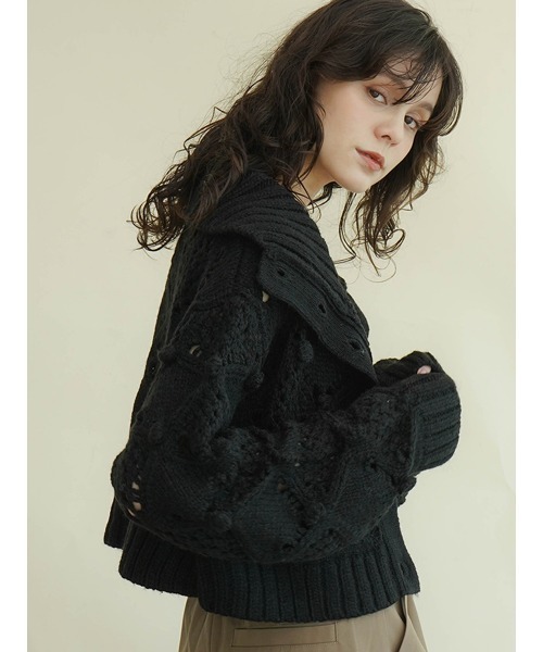 カーディガン Pompom high neck knit cardigan レディース