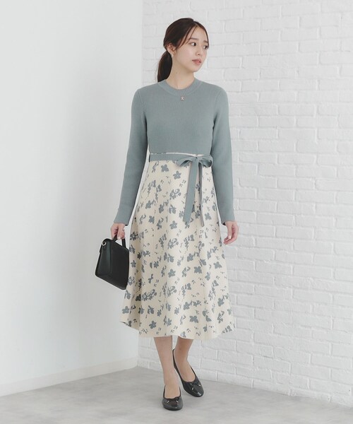 ◆JIGOTT ニットカラー花柄フレアワンピース ニットドッキング花柄ワンピース [24031 ノースリーブ ロング