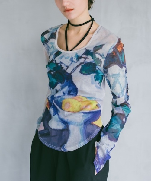 tシャツ Art Print 2way Sleeve Top/アートプリント2ウェイスリーブトップス レディース