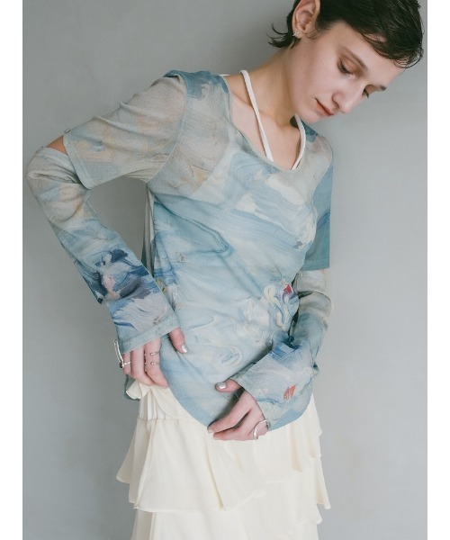 トップス sahara Art Print 2way Sleeve Top Art Print 2way Sleeve Top/アートプリント2ウェイスリーブ