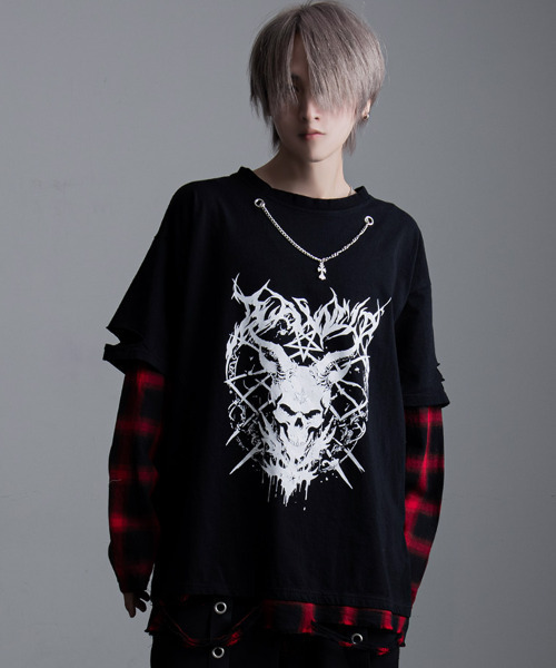 tシャツ 「SILVER BULLET SELECT AP/シルバーバレットセレクト」ネックレス付きフェイクレイヤードオンブレチェック長袖Tシャツ レ