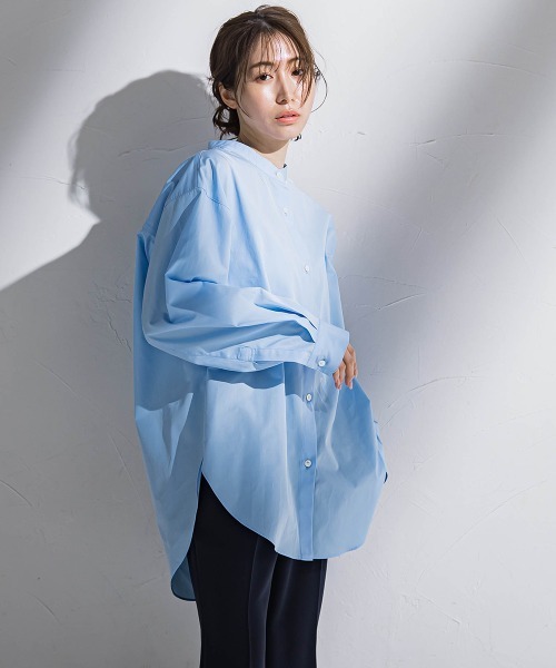美品＊アンタイトル バンドカラーブラウス L ブルー 長袖シャツ 日本製 洗える ゆったりシルエット/シアー】トリコットバンドカラーシャツ