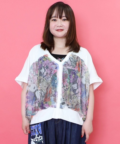 カーディガン 152671：花アニマル柄 チュール重ねカーディガン レディース