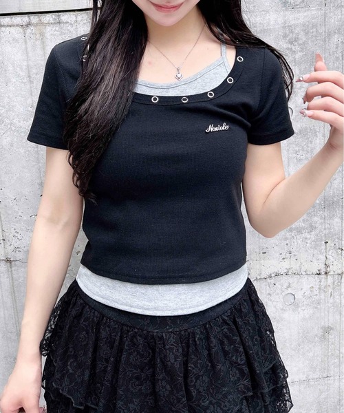 INGNI tシャツ プレート付ハトメレイヤードリブトップス