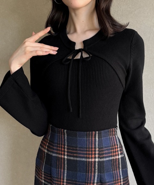 JUNOAH（ジュノア） ニット セーター リボンフレアスリーブニット