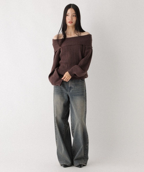 ランダムリブオフショルニット Heather（ヘザー） ニット セーター ランダムリブオフショルニット