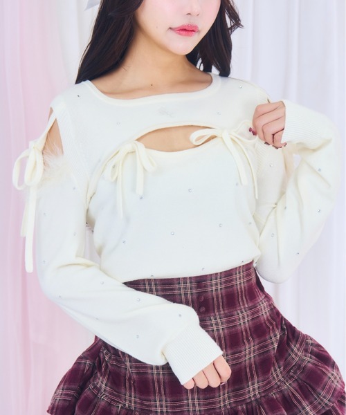 re amourビジューリボンニット　白 ReAmour ニット セーター ビジューリボンニット レディース : ZOZOTOWN