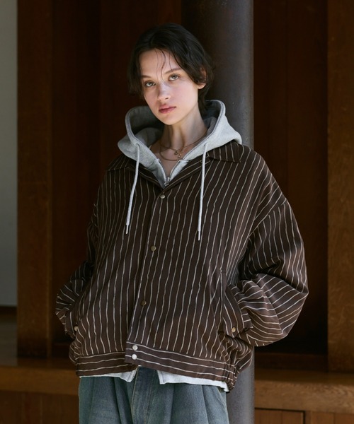 Soerte ルーズニュアンスストライプショートブルゾン soerte ブルゾン アウター Loose Nuance Stripe Shirt Blouson/ルーズ