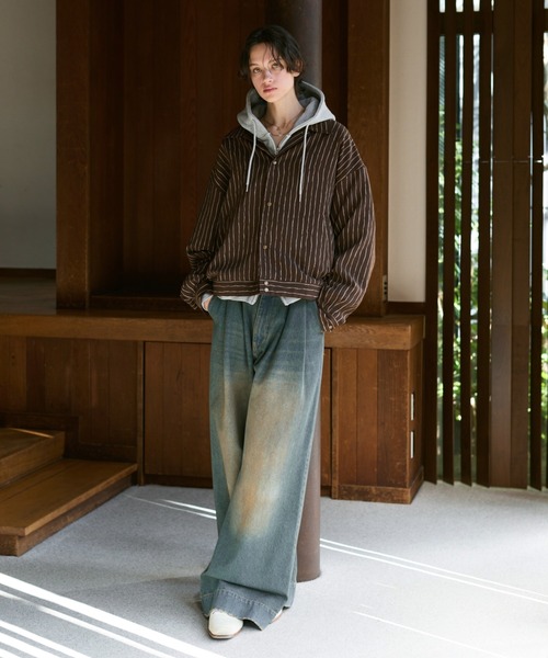 soerte ルーズニュアンスストライプショートブルゾン soerte ブルゾン アウター Loose Nuance Stripe Shirt Blouson/ルーズ