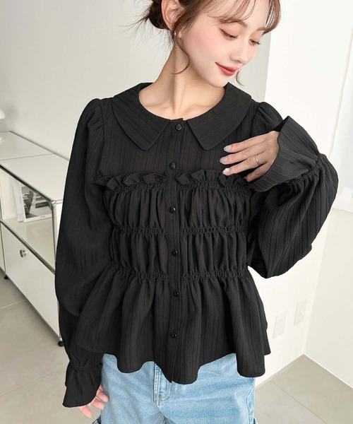 moment+ ブラウス シャツ ドビーストライプキャンディスリーブ長袖