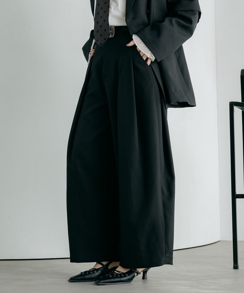 ワイドパンツ スラックス パンツ 「紫外線カット/接触冷感/イージーケア/セットアップ対応」バスケット2タックワイドパンツ レディースの画像