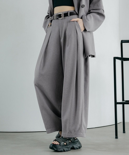 ワイドパンツ スラックス パンツ 「紫外線カット/接触冷感/イージーケア/セットアップ対応」バスケット2タックワイドパンツ レディースの画像