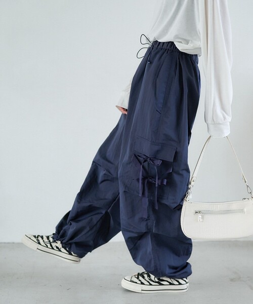 「PUBLUX」 カーゴパンツ フリ- ネイビー レディース_画像2