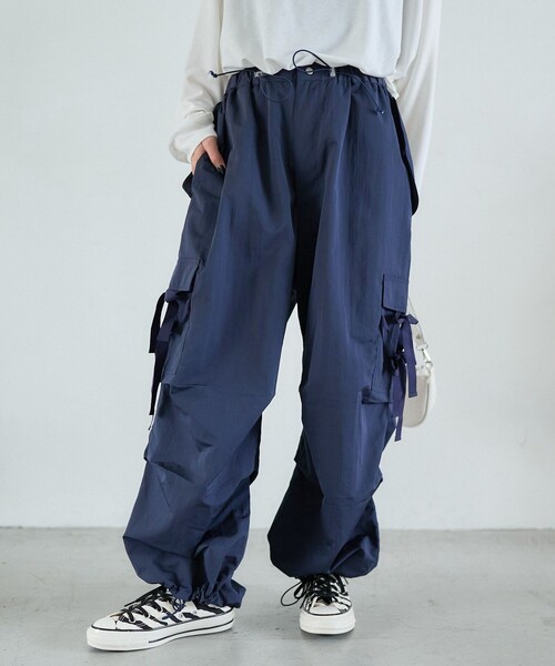 「PUBLUX」 カーゴパンツ フリ- ネイビー レディース_画像4
