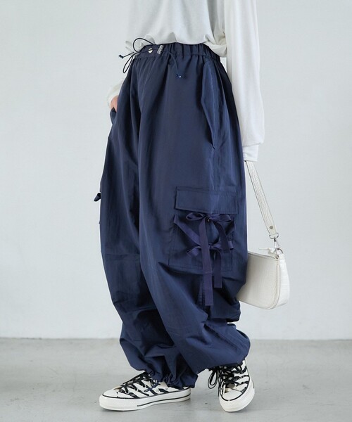 「PUBLUX」 カーゴパンツ フリ- ネイビー レディース_画像5