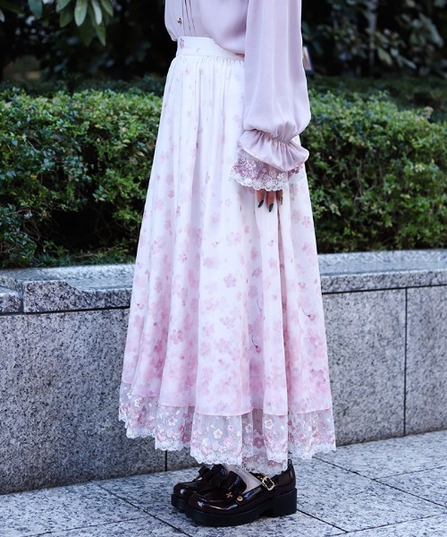 Axes Femme 桜 レース × 桜柄 ロング フレア スカート ピンク axes femme（アクシーズ ファム） スカート 桜レース×桜柄スカート