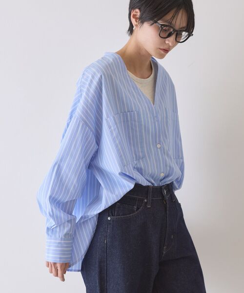 「AMERICAN HOLIC」 長袖ブラウス L サックスブルー レディース_画像3