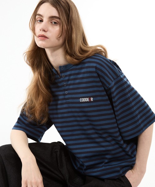 CODDERR ヘンリーネック tシャツ 「CODDERR」マルチボーダー ロゴ刺繍