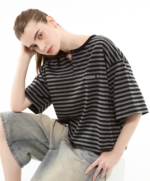 CODDERR ヘンリーネック tシャツ 「CODDERR」マルチボーダー ロゴ刺繍