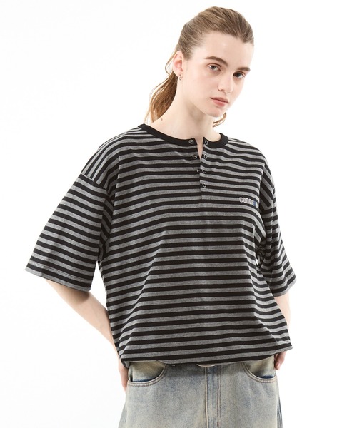 CODDERR ヘンリーネック tシャツ 「CODDERR」マルチボーダー ロゴ刺繍