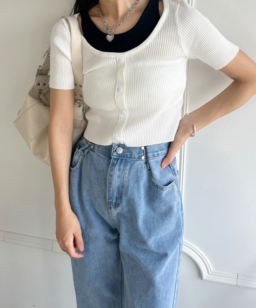 tシャツ レイヤードデザインリブトップス レディース CLEA tシャツ レイヤードデザイン リブ半袖トップス レディース