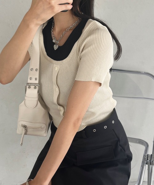 tシャツ レイヤードデザインリブトップス レディース CLEA tシャツ レイヤードデザイン リブ半袖トップス レディース