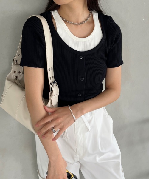 tシャツ レイヤードデザインリブトップス レディース CLEA tシャツ レイヤードデザイン リブ半袖トップス レディース